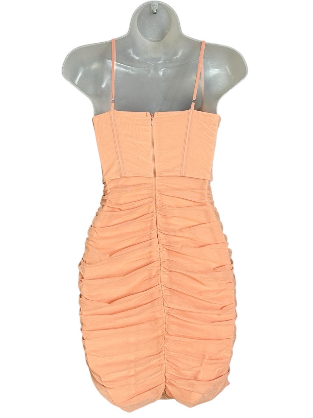 Oh Polly Peach Ruched Bodycon Mini Dress | Corset Mesh Going Out Party Dress - Picture 3 of 6